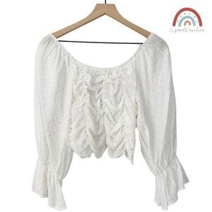 New! ZARA Bohemian Peasant Balloon Sleeve Swiss Dot Ruched Cropped Blouse Top